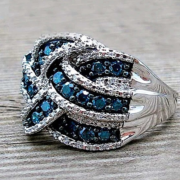 Blue Sapphire Zircon Marquise Wide Band Ring - Picture 4 of 6